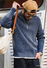 Maden Double Yarn Retro Sailor Crewneck Sweater Variegated Design Men’s Basic Thicken Pullover Winter Autumn Wears Mock Neck